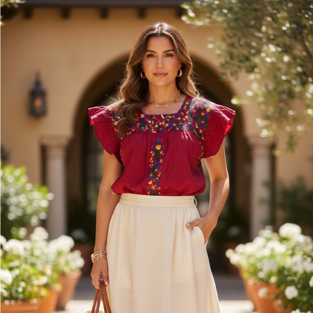 Maroon with Gold Floral Embroidery Blouse Handmade in San Antonino Oaxaca